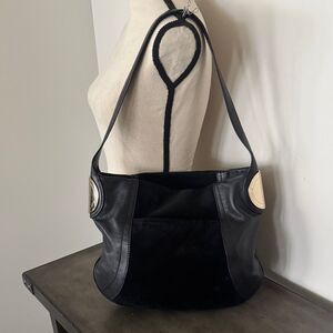B. Makowsky Giamma Black Leather & Suede Hobo Shoulder Bag Slouchy Gold accents